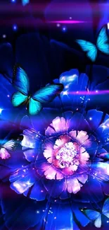 Mobile wallpaper of glowing blue flower with butterflies.