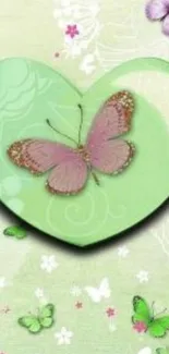 Green heart with pink butterfly wallpaper.