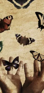 Sepia-toned wallpaper of hands releasing butterflies.