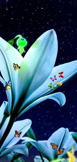 Enchanting lily with butterflies under a starry night sky wallpaper.