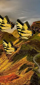 Three yellow butterflies over scenic mountain road in vibrant nature wallpaper.