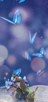 Blue butterflies flutter over an open book with mystical bokeh background.