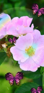 Pink flowers with purple butterflies on green backdrop.