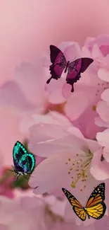 Colorful butterflies on pink blossom branches, creating a serene mobile wallpaper.