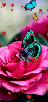 Colorful butterflies on a pink rose with red hearts.