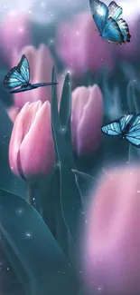 Blue butterflies fluttering above pink tulips.