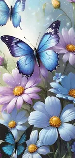 Blue butterflies on vibrant flowers wallpaper.