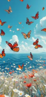 Vibrant butterflies flying over an ocean with a floral meadow.