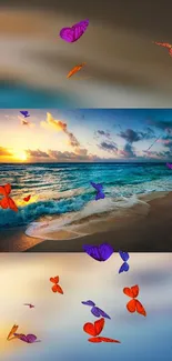 Colorful butterflies gracefully flying over a serene ocean at sunset.