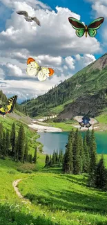 Butterflies soaring over a lush green mountain landscape with a blue sky.