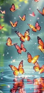 Vibrant butterflies fluttering over sparkling water with sunlight reflections.