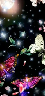 Moonlit night with butterflies and stars wallpaper.