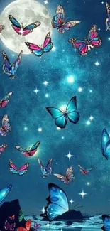 Butterflies flutter under a moonlit sky, casting vibrant colors in the night.