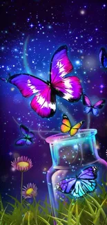 Colorful butterflies with glowing jar under a starry night sky.