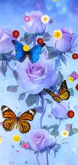 Purple roses and butterflies elegant wallpaper.