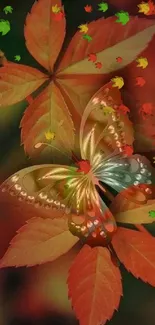 Colorful butterfly on red autumn leaves.