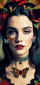 Woman with butterflies and roses, artistic wallpaper.