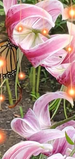 Butterfly resting on pink lilies with glowing orange lights.