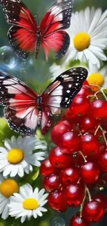 Butterflies flutter over daisies and red berries.