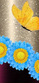 A yellow butterfly hovers over vibrant blue flowers on a shimmering background.