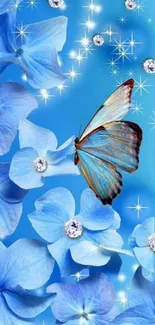 Blue butterfly and flowers with sparkles on mobile wallpaper.