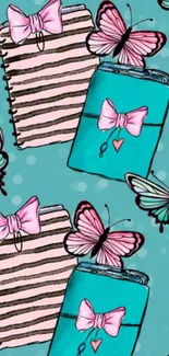 Teal wallpaper with butterflies, books, and bows in artistic design.