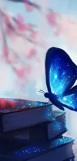 Blue butterfly on books with pink blossoms.