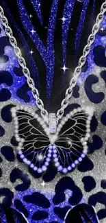 Blue butterfly wallpaper with chains and animal print design.