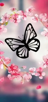 Butterfly with pink cherry blossoms design for mobile wallpaper.