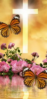 Butterflies and cross with pink roses on water background.