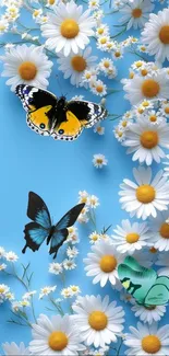 Colorful butterflies and daisies on sky blue wallpaper.