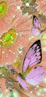 Beautiful wallpaper with pink daisies and butterflies.