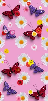 Butterflies and daisies on a pink background mobile wallpaper.