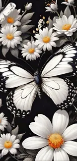 Elegant butterfly and daisy wallpaper with black background.