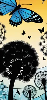 Vibrant butterfly with silhouetted dandelions on a colorful background.