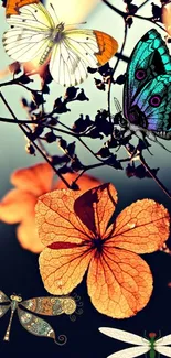 Colorful butterflies and dragonflies on orange leaves wallpaper.