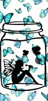 Whimsical wallpaper with blue butterflies and fairy in a jar.