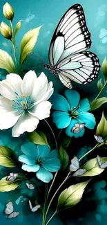 Butterfly on blue and white flowers with green leaves wallpaper.