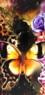 Vibrant butterfly and floral design mobile wallpaper with leopard accents.