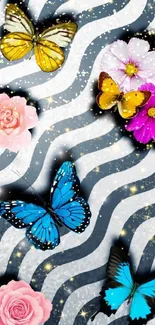 Colorful butterflies and flowers on a wavy artistic background.