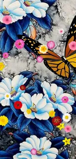 Vibrant wallpaper with floral and butterfly art.