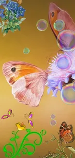 Vibrant butterfly and flowers on golden background wallpaper.