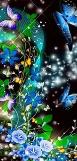 Vibrant wallpaper with blue butterflies and colorful flowers.