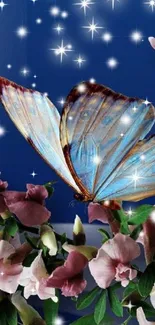 Enchanting blue butterfly with flowers and stars in a dreamy scene.