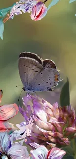 Butterfly resting on vibrant flowers in artistic wallpaper design.