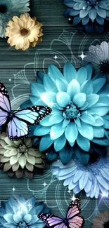 Elegant wallpaper with blue flowers and butterflies on wood background.