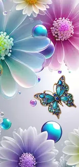 Vivid wallpaper with colorful flowers and a jeweled butterfly.