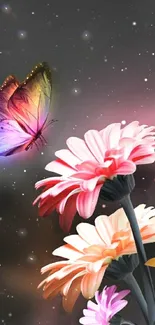 Vibrant butterfly with colorful flowers on a dark starry phone wallpaper.