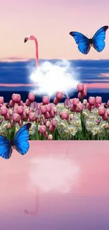 Blue butterflies over pink tulips and a serene sky background.