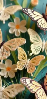 A vibrant design featuring butterflies and flowers on a teal background.